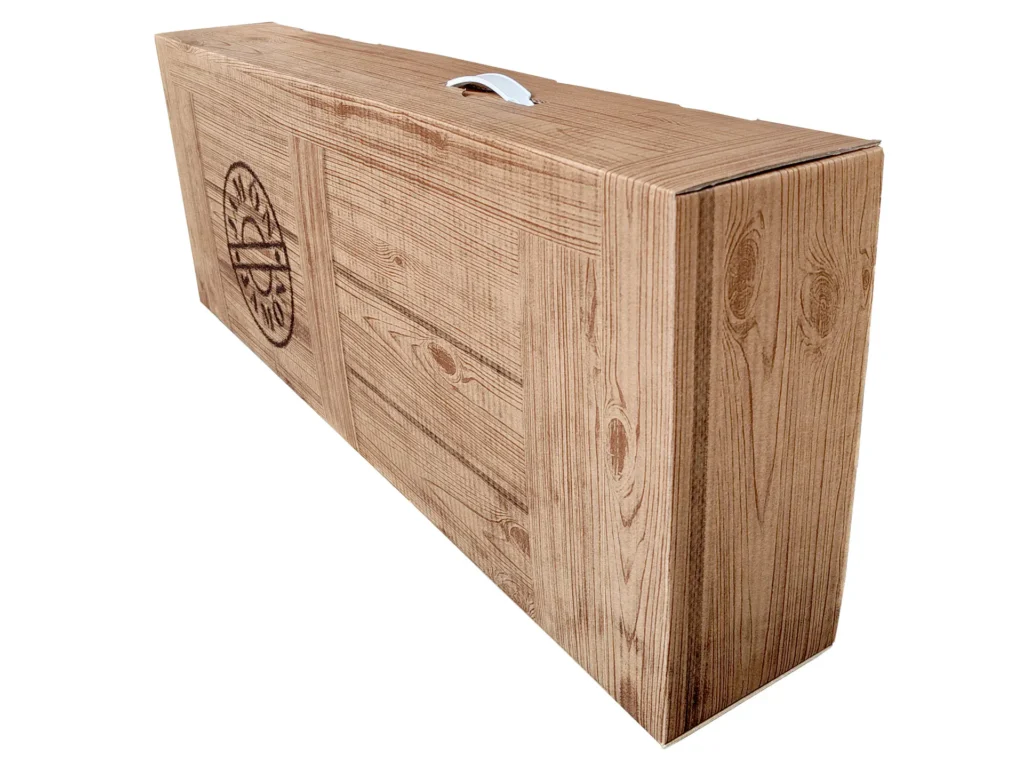 Caja para transportar jamones con diseño elegante y asa práctica
